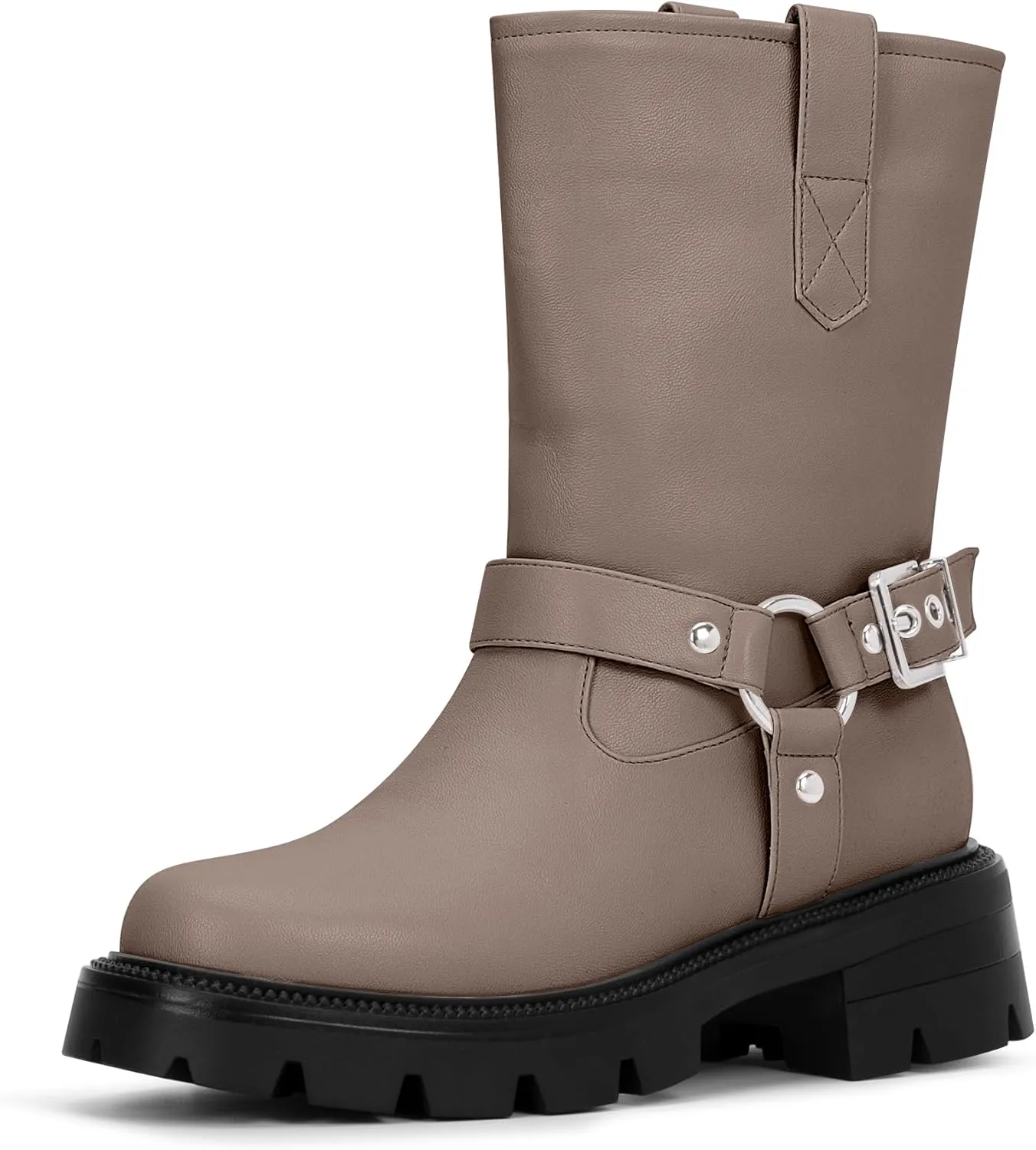 Women's Chunky Heel Round Toe Mid Calf Boots Buckle Strap Platform Biker Boots