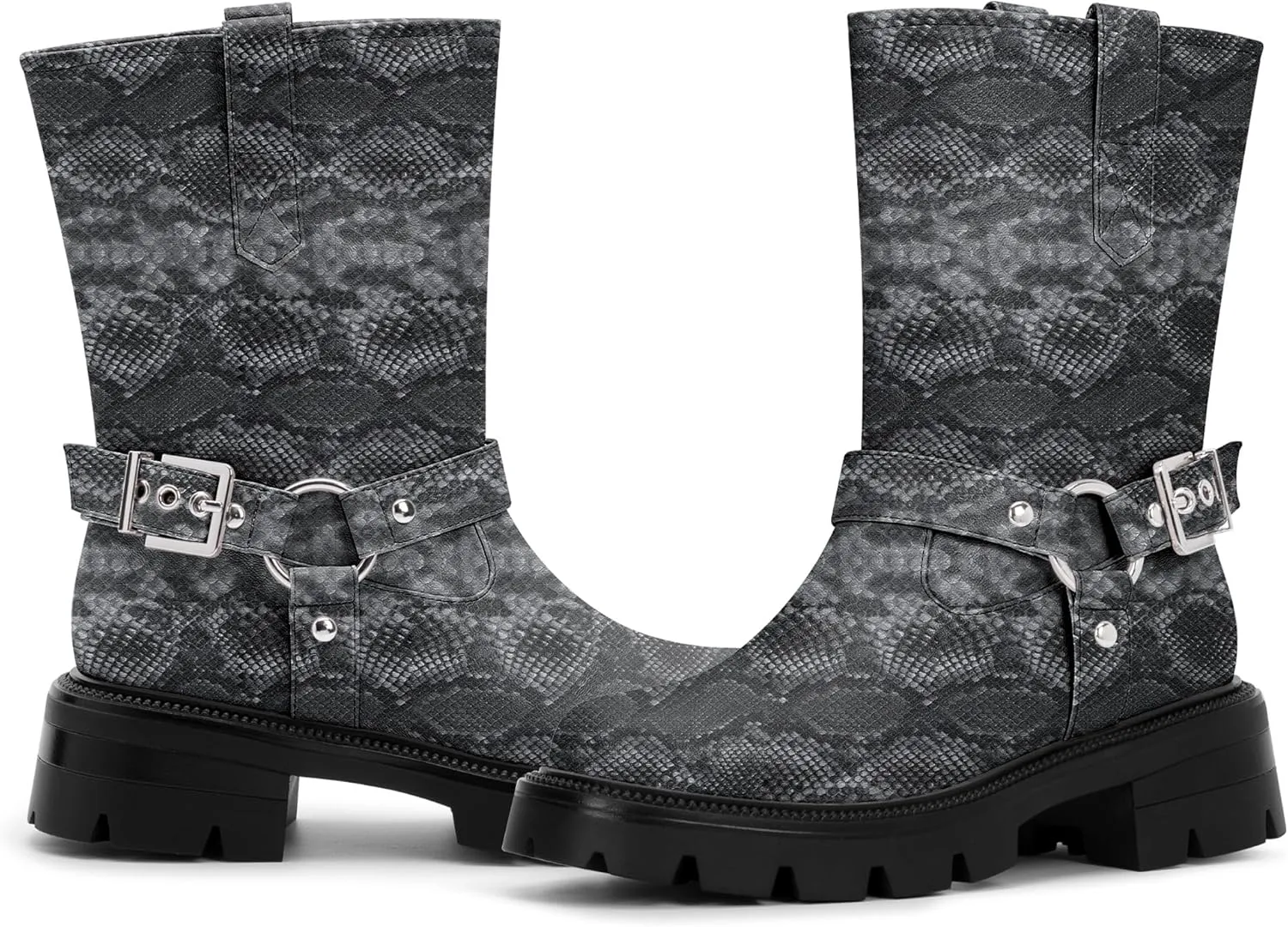 Women's Chunky Heel Round Toe Mid Calf Boots Buckle Strap Platform Biker Boots