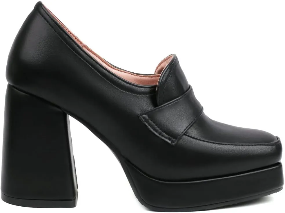 Womens Chunky Platform Loafers Block High Heel Square Toe Pumps