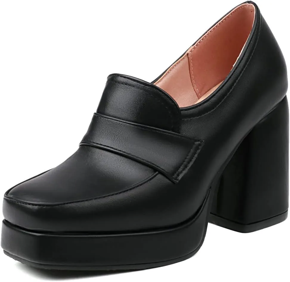 Womens Chunky Platform Loafers Block High Heel Square Toe Pumps