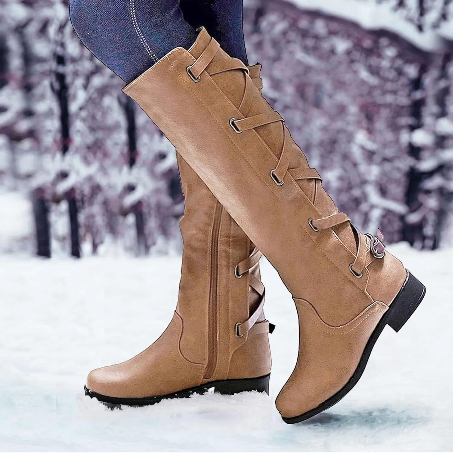 Women's Cold Proof Boots Long Leg Fashionable Warm Snow Boots Comfort Solid Color Leather Boots for Women