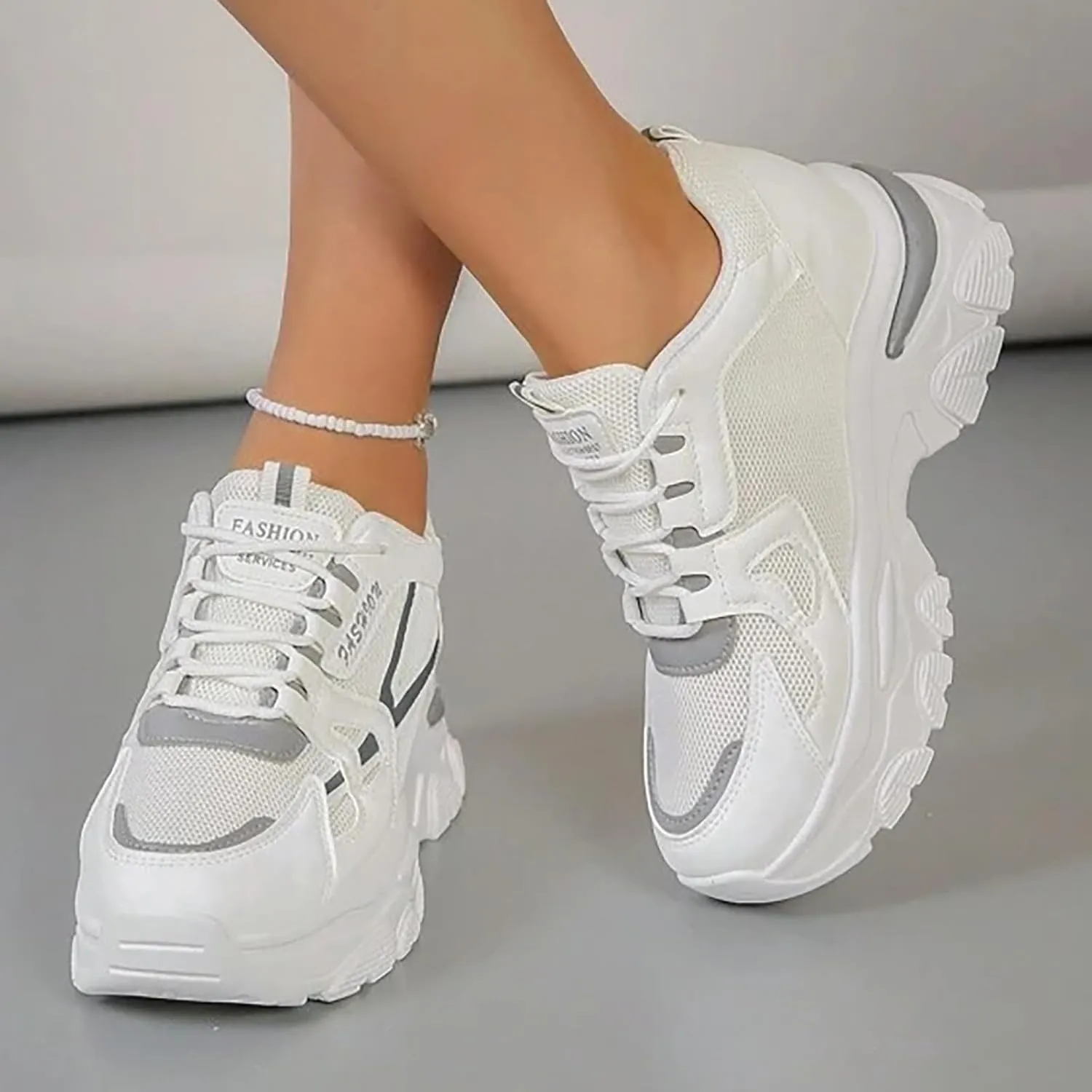 Womens Fashion Platform Sneakers Breathable White Leather Mesh Teenage Girls Comfort Casual Sport Walking Shoes Arch support