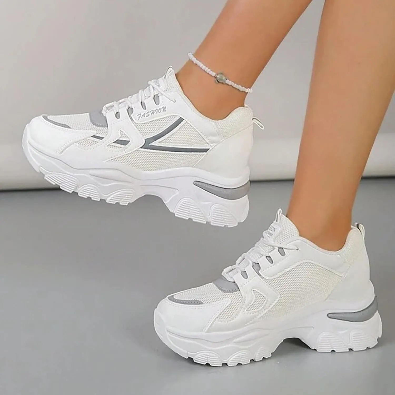 Womens Fashion Platform Sneakers Breathable White Leather Mesh Teenage Girls Comfort Casual Sport Walking Shoes Arch support