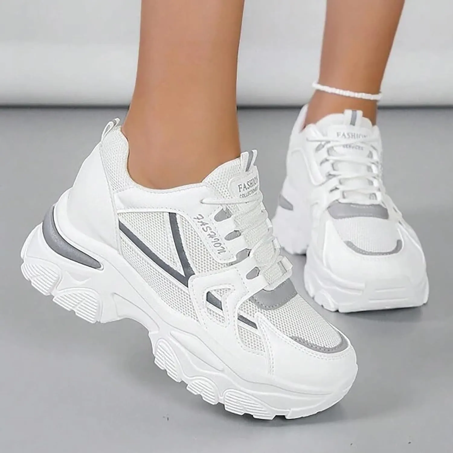 Womens Fashion Platform Sneakers Breathable White Leather Mesh Teenage Girls Comfort Casual Sport Walking Shoes Arch support