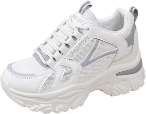 Womens Fashion Platform Sneakers Breathable White Leather Mesh Teenage Girls Comfort Casual Sport Walking Shoes Arch support