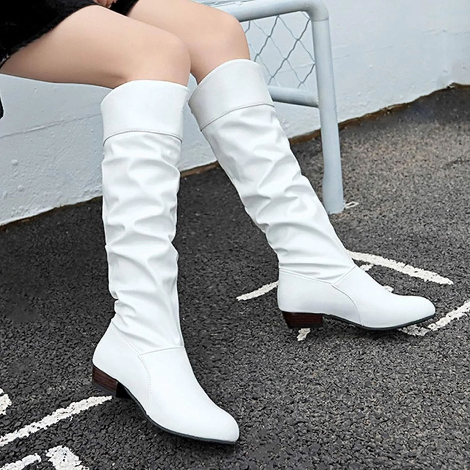 Womens Knee High Boots No Heel,Casual Pull On Tall Boots Slouchy Leather Flat Booties Wide Calf Boots for Women 2024