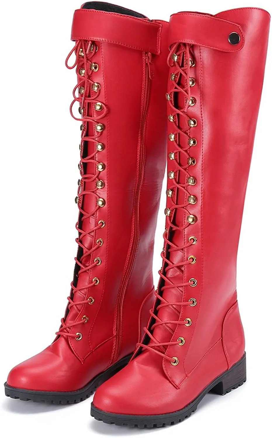 Women's Knee High Riding Boots Strappy Lace Up Buckle Military Combat Boots Pointed Toe Stacked Heel Long Tall Boots