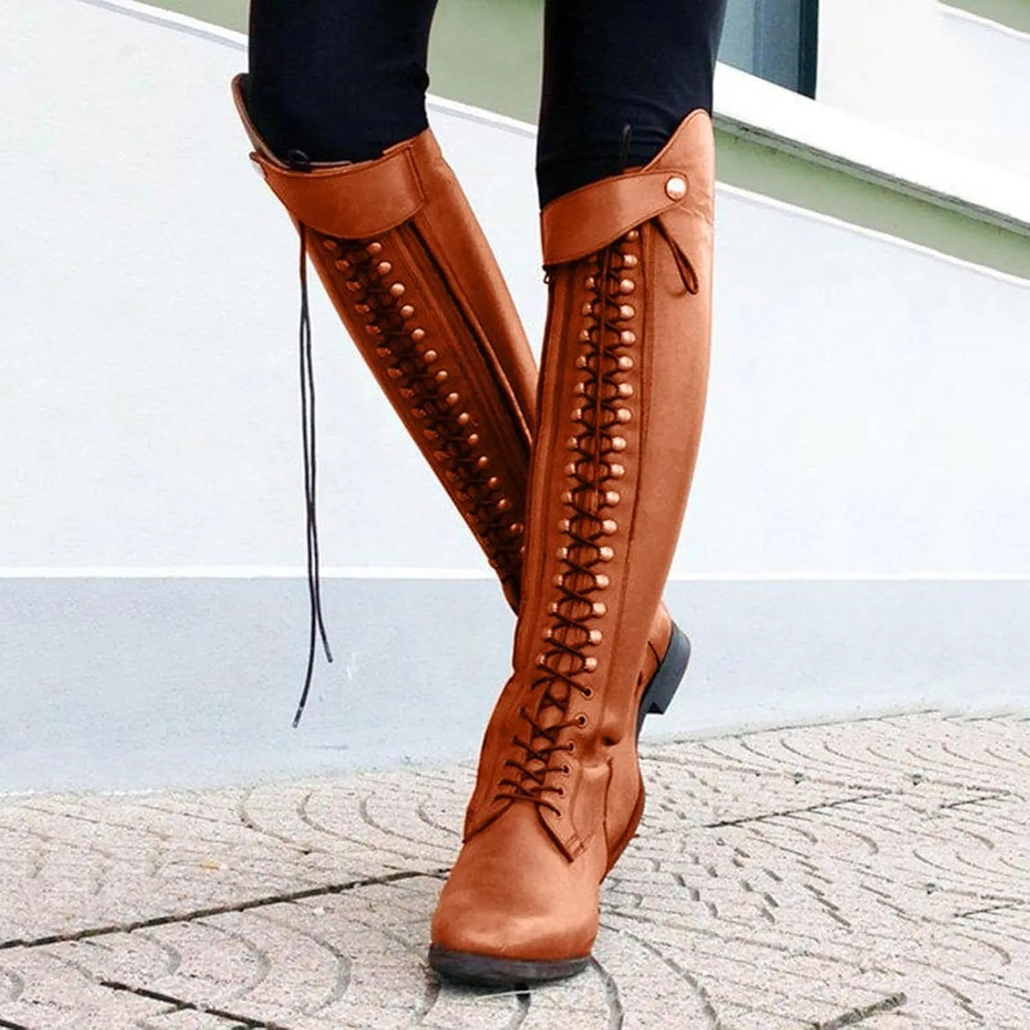 Women's Knee High Riding Boots Strappy Lace Up Buckle Military Combat Boots Pointed Toe Stacked Heel Long Tall Boots