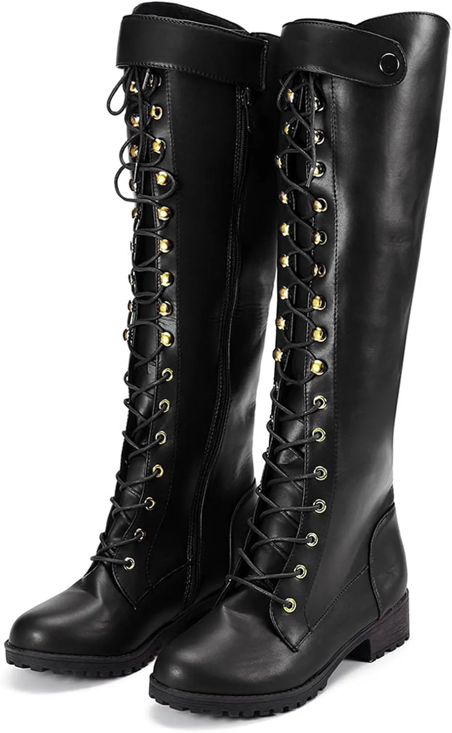 Women's Knee High Riding Boots Strappy Lace Up Buckle Military Combat Boots Pointed Toe Stacked Heel Long Tall Boots