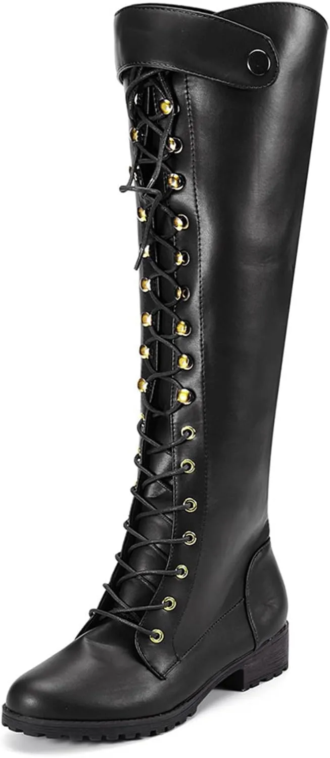 Women's Knee High Riding Boots Strappy Lace Up Buckle Military Combat Boots Pointed Toe Stacked Heel Long Tall Boots
