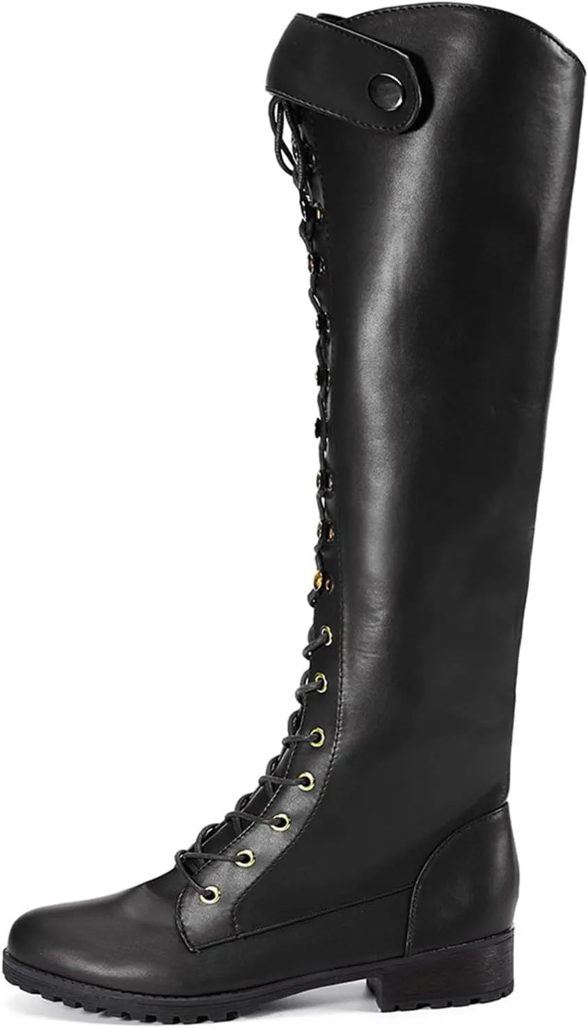 Women's Knee High Riding Boots Strappy Lace Up Buckle Military Combat Boots Pointed Toe Stacked Heel Long Tall Boots