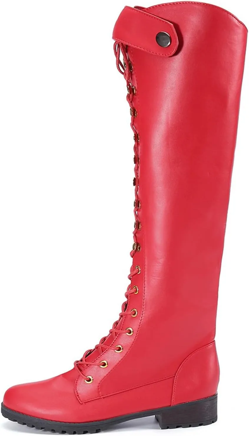 Women's Knee High Riding Boots Strappy Lace Up Buckle Military Combat Boots Pointed Toe Stacked Heel Long Tall Boots