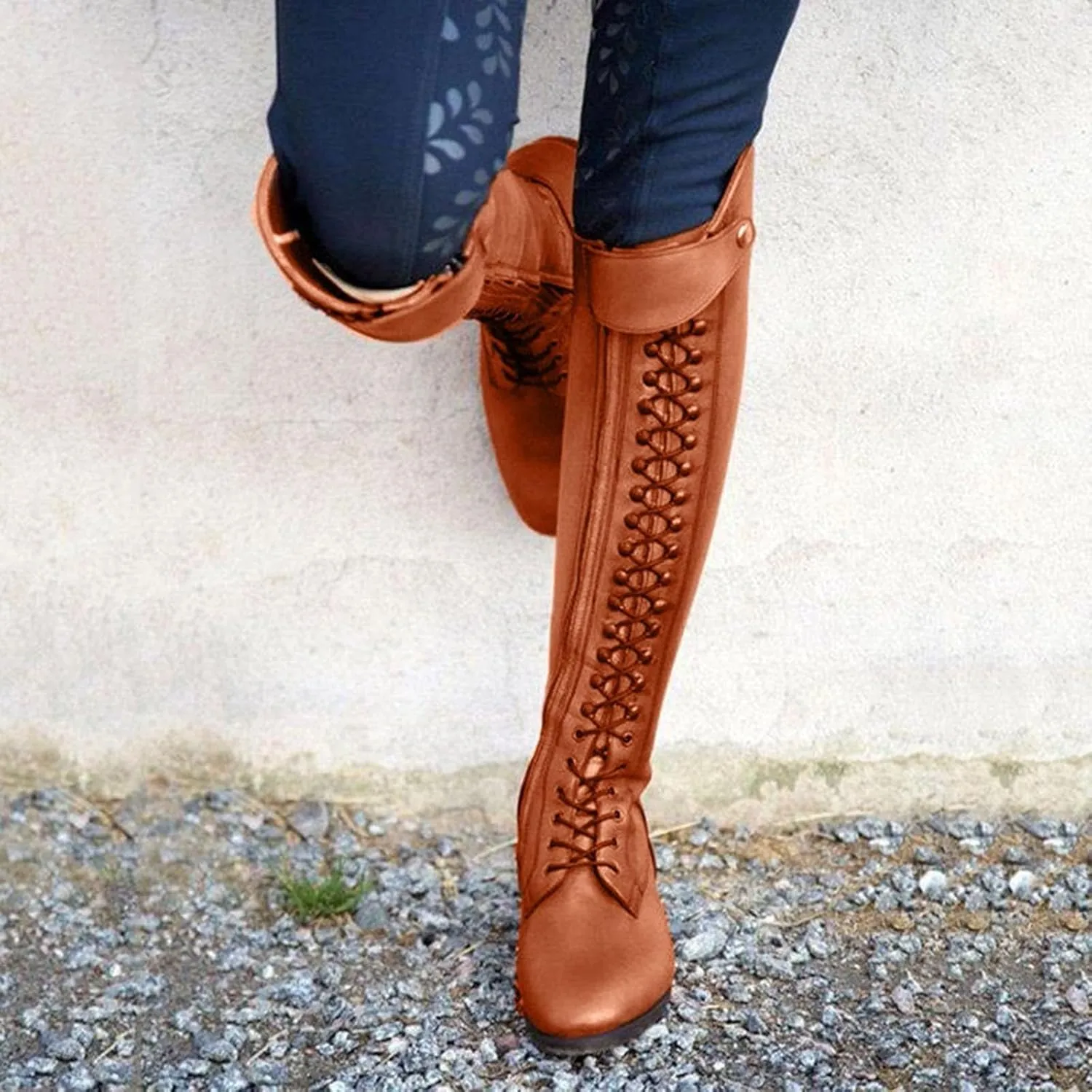 Women's Knee High Riding Boots Strappy Lace Up Buckle Military Combat Boots Pointed Toe Stacked Heel Long Tall Boots