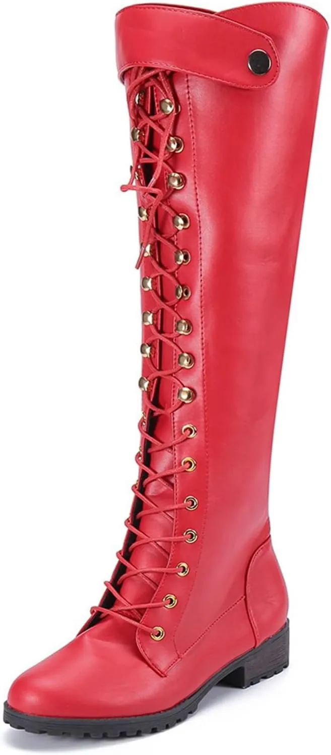 Women's Knee High Riding Boots Strappy Lace Up Buckle Military Combat Boots Pointed Toe Stacked Heel Long Tall Boots