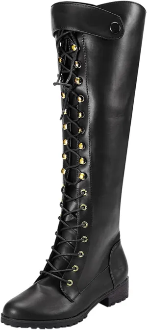 Women's Knee High Riding Boots Strappy Lace Up Buckle Military Combat Boots Pointed Toe Stacked Heel Long Tall Boots