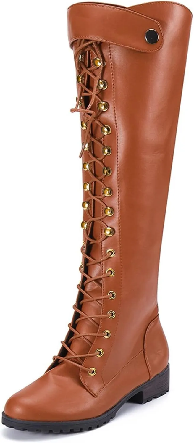 Women's Knee High Riding Boots Strappy Lace Up Buckle Military Combat Boots Pointed Toe Stacked Heel Long Tall Boots