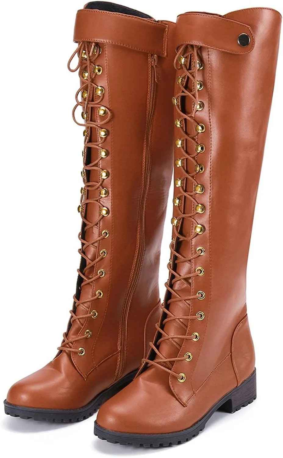 Women's Knee High Riding Boots Strappy Lace Up Buckle Military Combat Boots Pointed Toe Stacked Heel Long Tall Boots