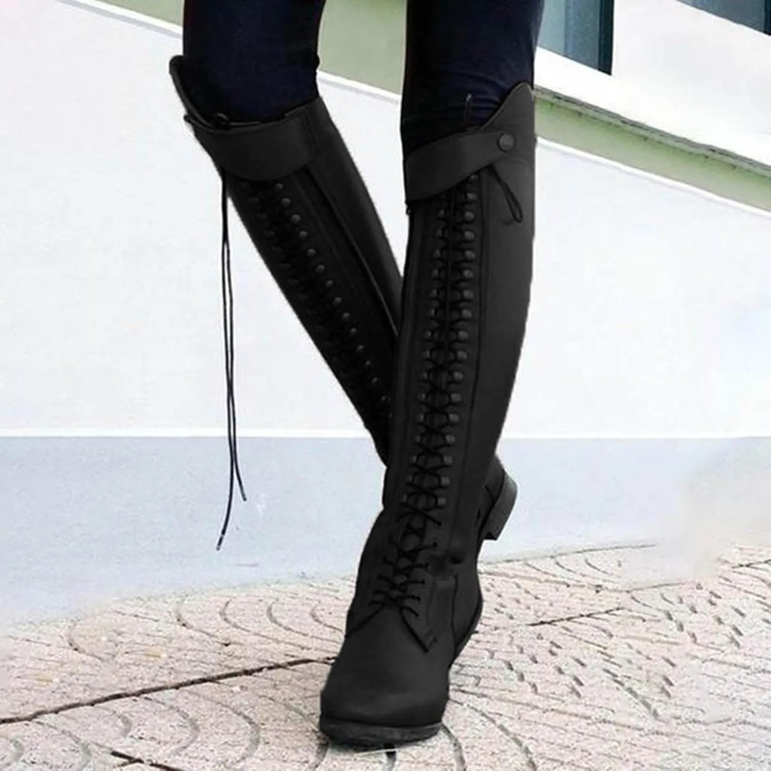 Women's Knee High Riding Boots Strappy Lace Up Buckle Military Combat Boots Pointed Toe Stacked Heel Long Tall Boots