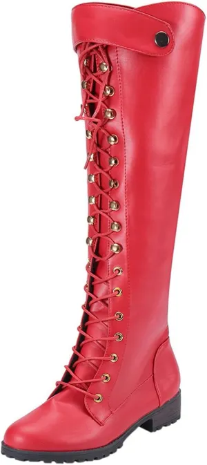 Women's Knee High Riding Boots Strappy Lace Up Buckle Military Combat Boots Pointed Toe Stacked Heel Long Tall Boots