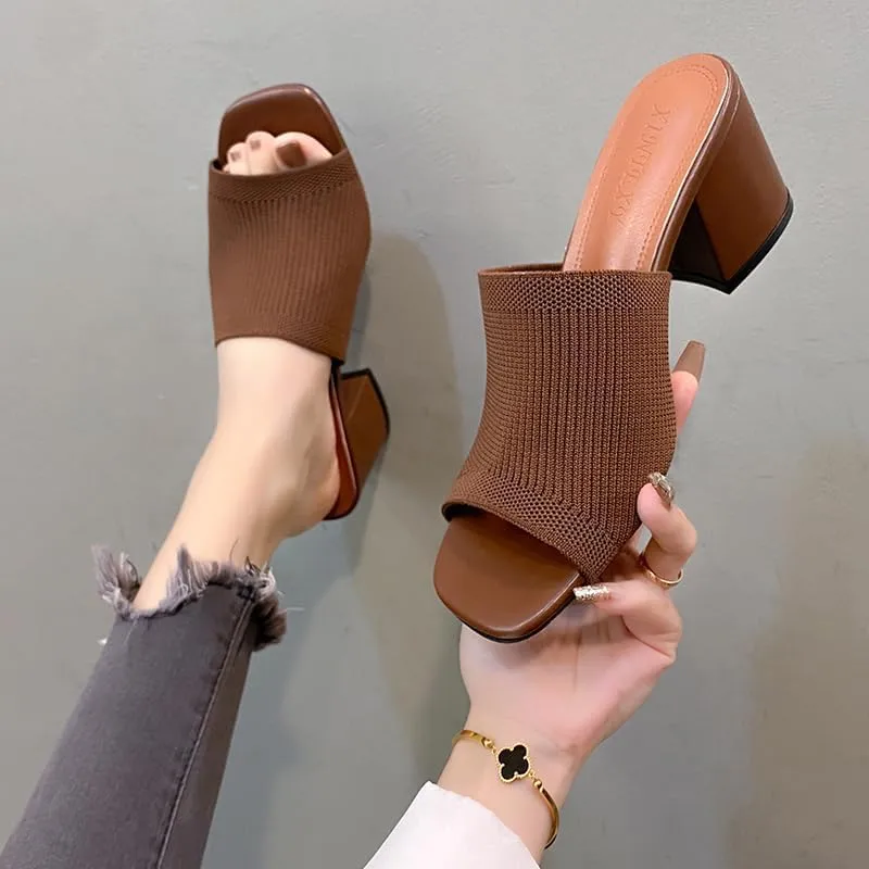 Womens Knit Heeled Sandals Chunky Low Block Heel Mules Square Open Toe Heels Slip On Breathable Slides Sandals