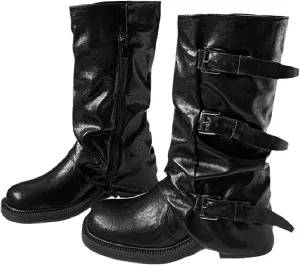 Women's Leather Buckle Strap Slouchy Mid Calf Boots with Side Zipper Retro Comfortable Round Toe Low Chunky Heel Knee High Boots Folds Punk Motorcycle Boots