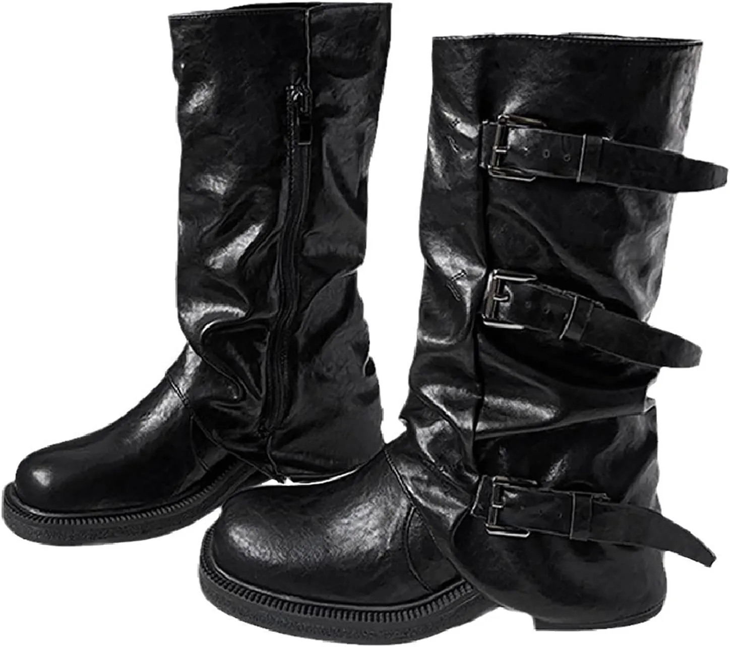 Women's Leather Buckle Strap Slouchy Mid Calf Boots with Side Zipper Retro Comfortable Round Toe Low Chunky Heel Knee High Boots Folds Punk Motorcycle Boots