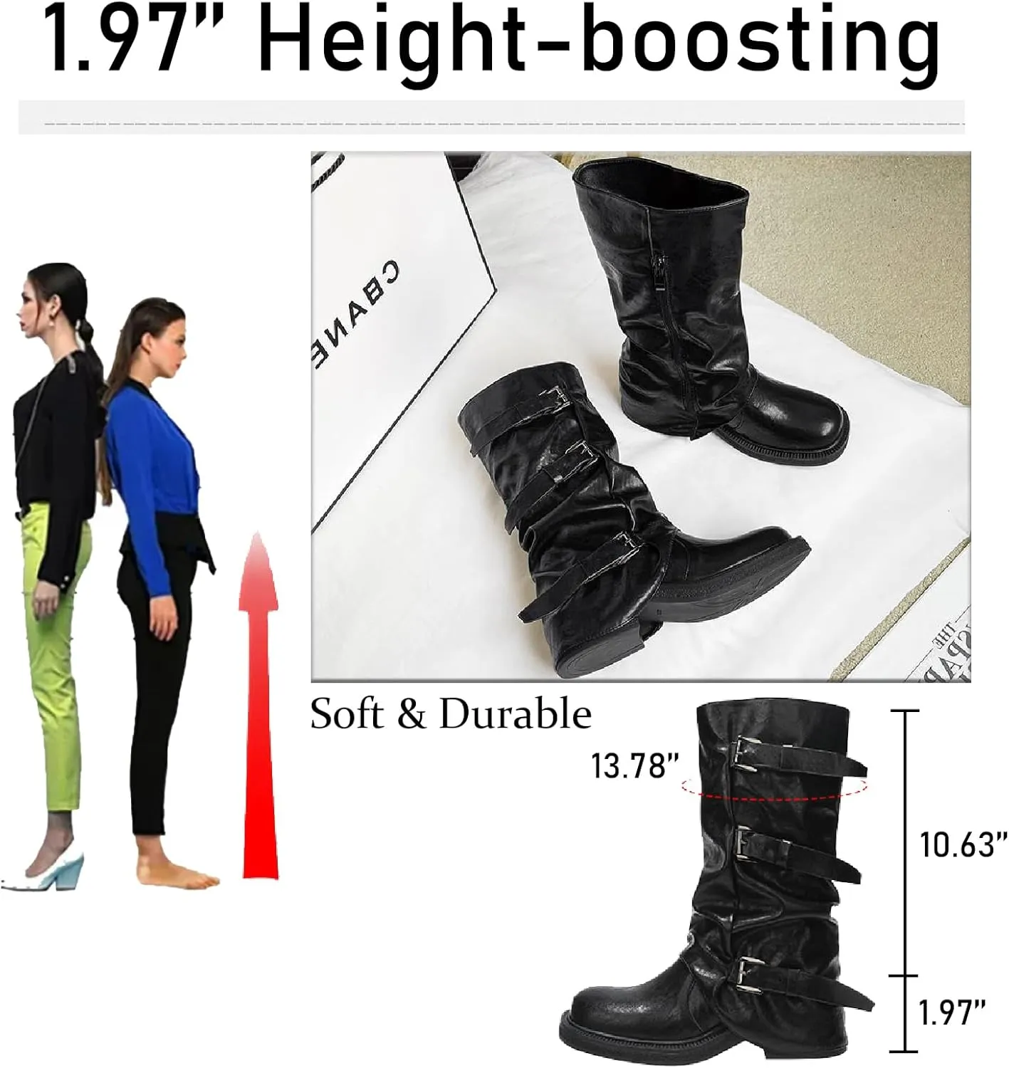 Women's Leather Buckle Strap Slouchy Mid Calf Boots with Side Zipper Retro Comfortable Round Toe Low Chunky Heel Knee High Boots Folds Punk Motorcycle Boots