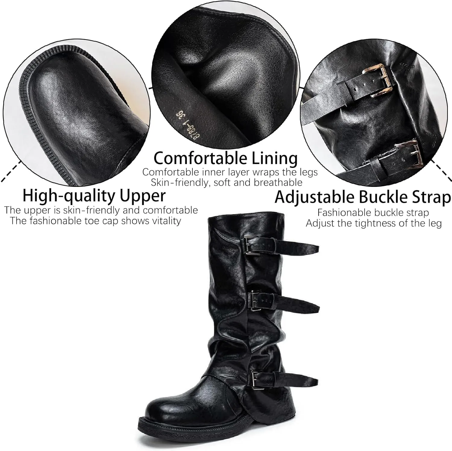 Women's Leather Buckle Strap Slouchy Mid Calf Boots with Side Zipper Retro Comfortable Round Toe Low Chunky Heel Knee High Boots Folds Punk Motorcycle Boots