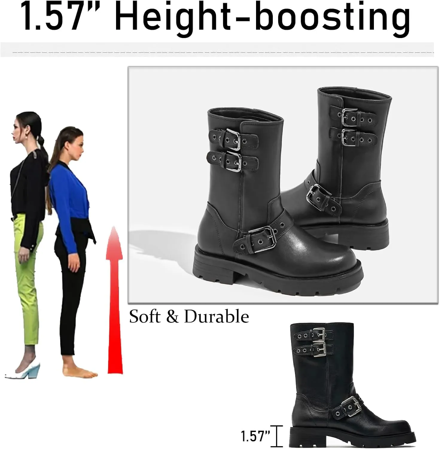 Women's Leather Knight Mid Calf Boots with Buckle Strap Fashion Comfortable Round Toe Low Chunky Heel Motorcycle Boots Retro Combat Riding Biker Short Boots