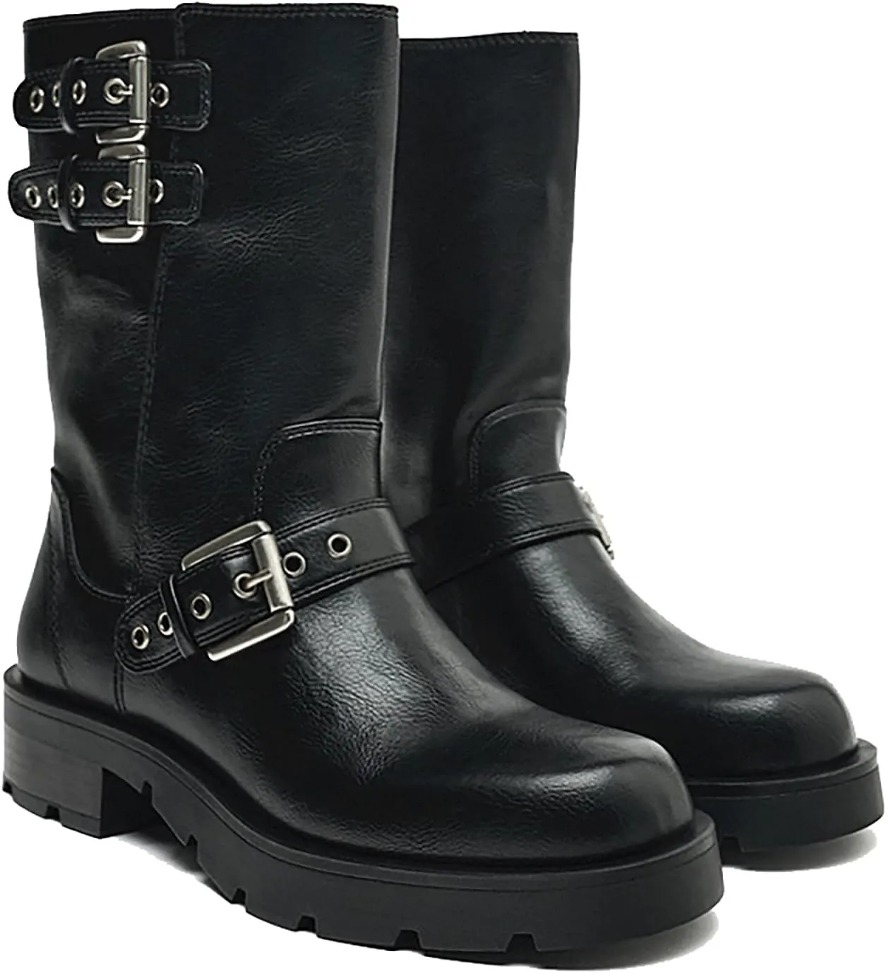 Women's Leather Knight Mid Calf Boots with Buckle Strap Fashion Comfortable Round Toe Low Chunky Heel Motorcycle Boots Retro Combat Riding Biker Short Boots