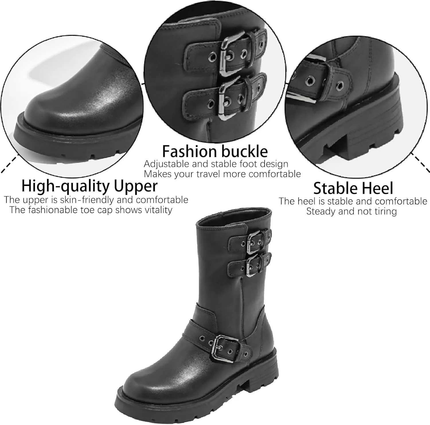 Women's Leather Knight Mid Calf Boots with Buckle Strap Fashion Comfortable Round Toe Low Chunky Heel Motorcycle Boots Retro Combat Riding Biker Short Boots