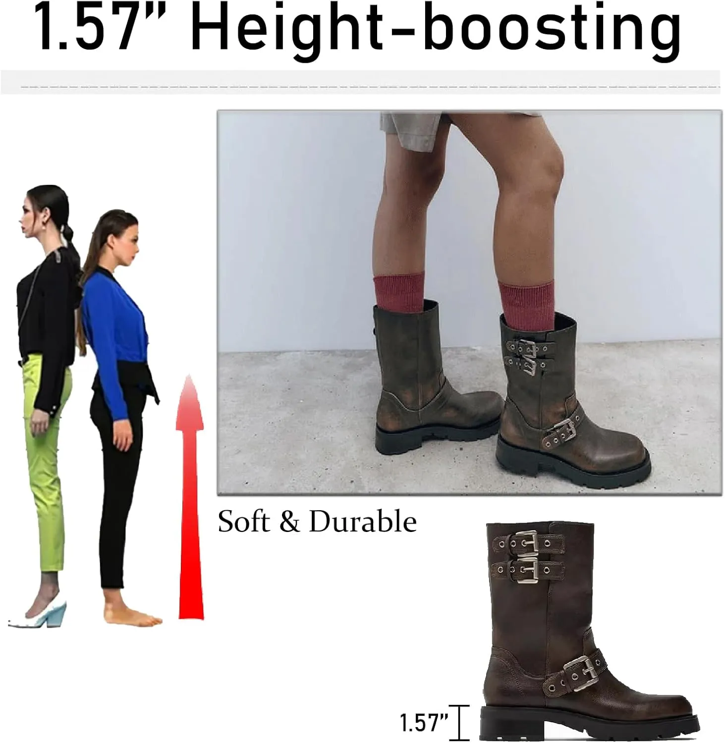 Women's Leather Knight Mid Calf Boots with Buckle Strap Fashion Comfortable Round Toe Low Chunky Heel Motorcycle Boots Retro Combat Riding Biker Short Boots