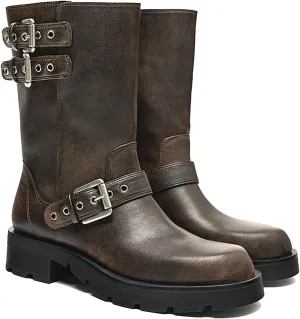 Women's Leather Knight Mid Calf Boots with Buckle Strap Fashion Comfortable Round Toe Low Chunky Heel Motorcycle Boots Retro Combat Riding Biker Short Boots