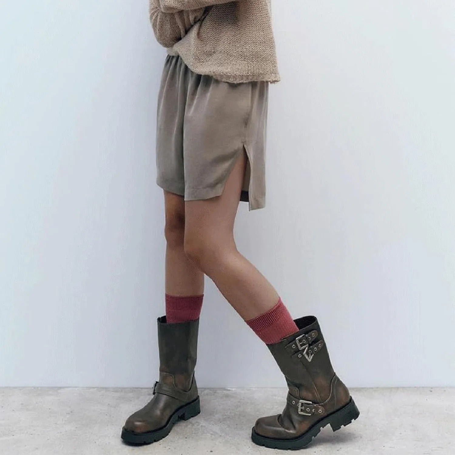Women's Leather Knight Mid Calf Boots with Buckle Strap Fashion Comfortable Round Toe Low Chunky Heel Motorcycle Boots Retro Combat Riding Biker Short Boots