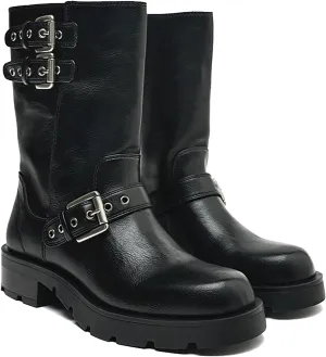 Women's Leather Knight Mid Calf Boots with Buckle Strap Fashion Comfortable Round Toe Low Chunky Heel Motorcycle Boots Retro Combat Riding Biker Short Boots