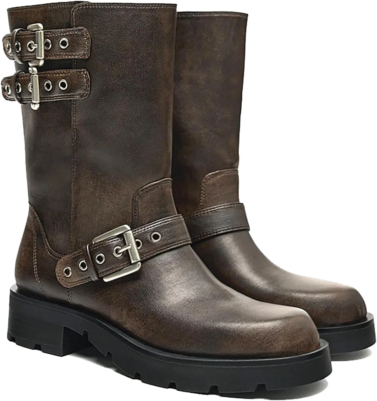Women's Leather Knight Mid Calf Boots with Buckle Strap Fashion Comfortable Round Toe Low Chunky Heel Motorcycle Boots Retro Combat Riding Biker Short Boots