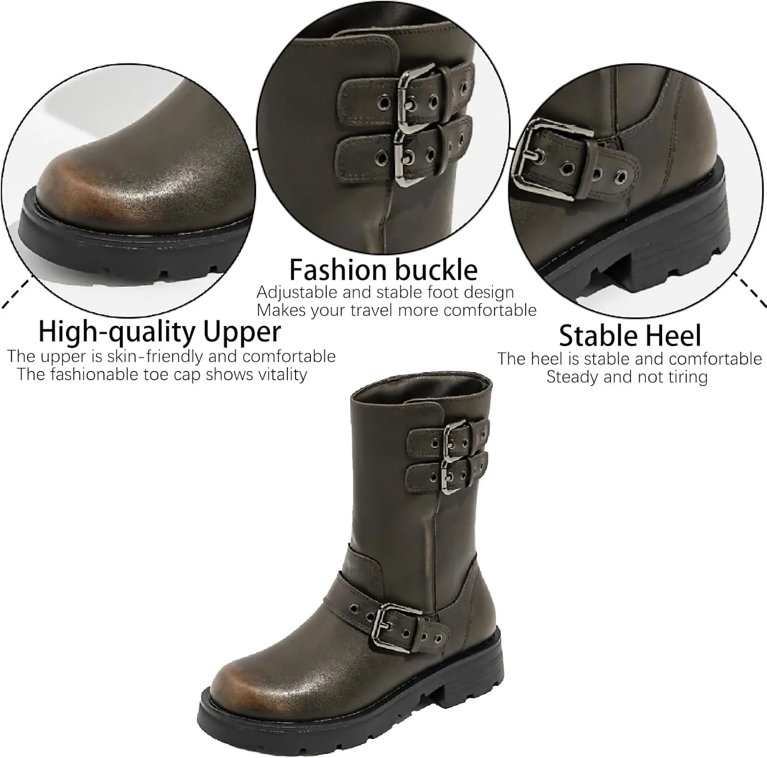 Women's Leather Knight Mid Calf Boots with Buckle Strap Fashion Comfortable Round Toe Low Chunky Heel Motorcycle Boots Retro Combat Riding Biker Short Boots