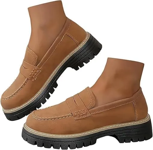 Womens Loafers Shoes Suede Platform Chunky Loafers Lug Sole Comfortable Slip On Work Office Business Casual Dress Shoes