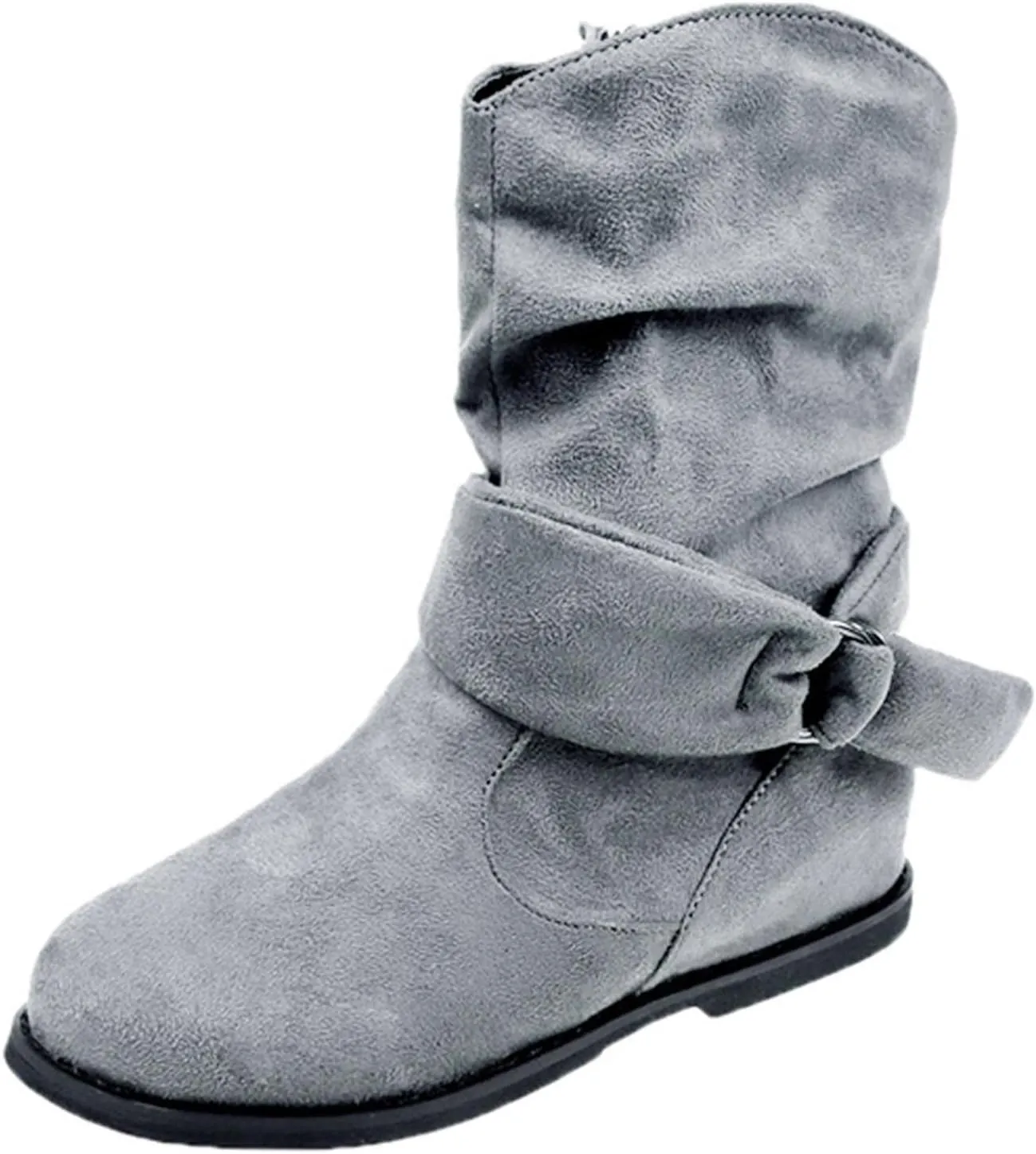 Women's Mid Calf Boots Round Toe Wide Calf Slouchy Boots Flat Heel Comfortable Shoes with Side Zipper Buckle Strap