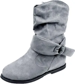 Women's Mid Calf Boots Round Toe Wide Calf Slouchy Boots Flat Heel Comfortable Shoes with Side Zipper Buckle Strap