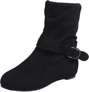 Women's Mid Calf Boots Round Toe Wide Calf Slouchy Boots Flat Heel Comfortable Shoes with Side Zipper Buckle Strap