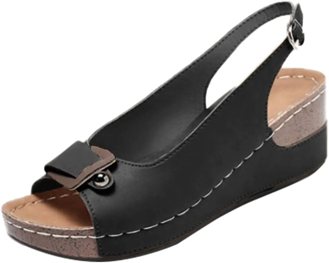 Women's Peep Toe Bow Hollow Out Slingback Platform Wedge Sandals Summer Stylish Sandals High Heel Sandals