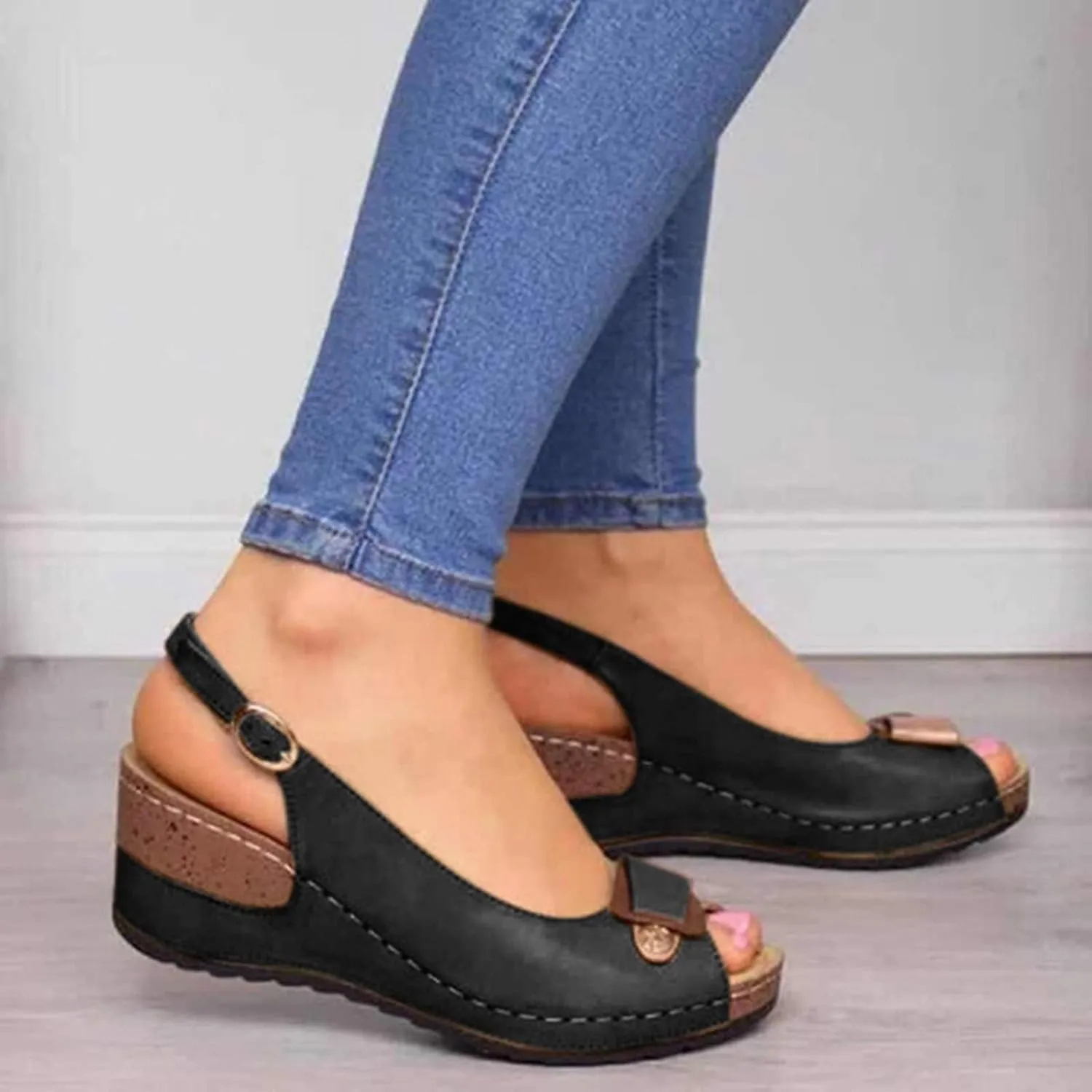 Women's Peep Toe Bow Hollow Out Slingback Platform Wedge Sandals Summer Stylish Sandals High Heel Sandals