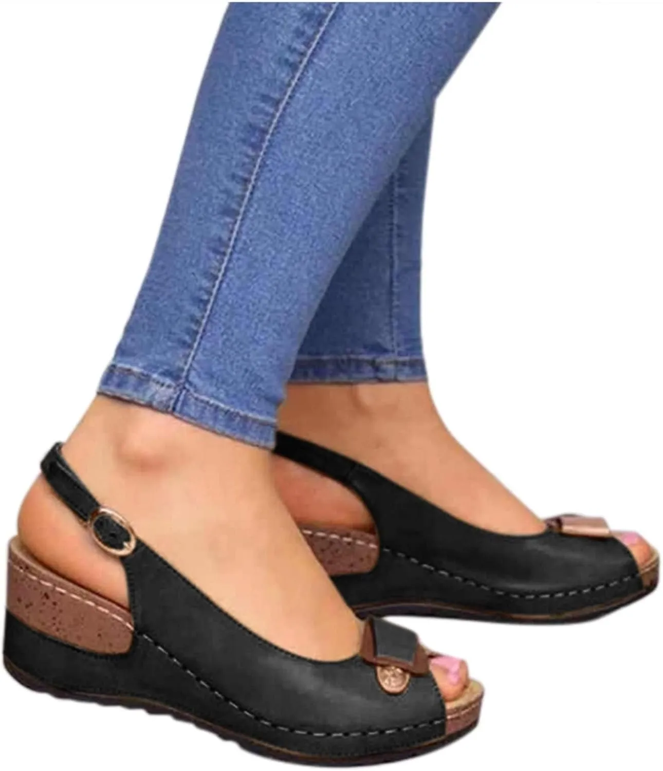 Women's Peep Toe Bow Hollow Out Slingback Platform Wedge Sandals Summer Stylish Sandals High Heel Sandals