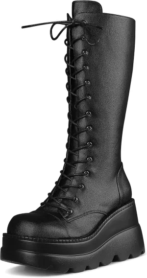 Womens Platform Mid Calf Boots for Women Goth Punk Combat Wedges Chunky High Heel booties with Lace up Round-Toe Side Zip