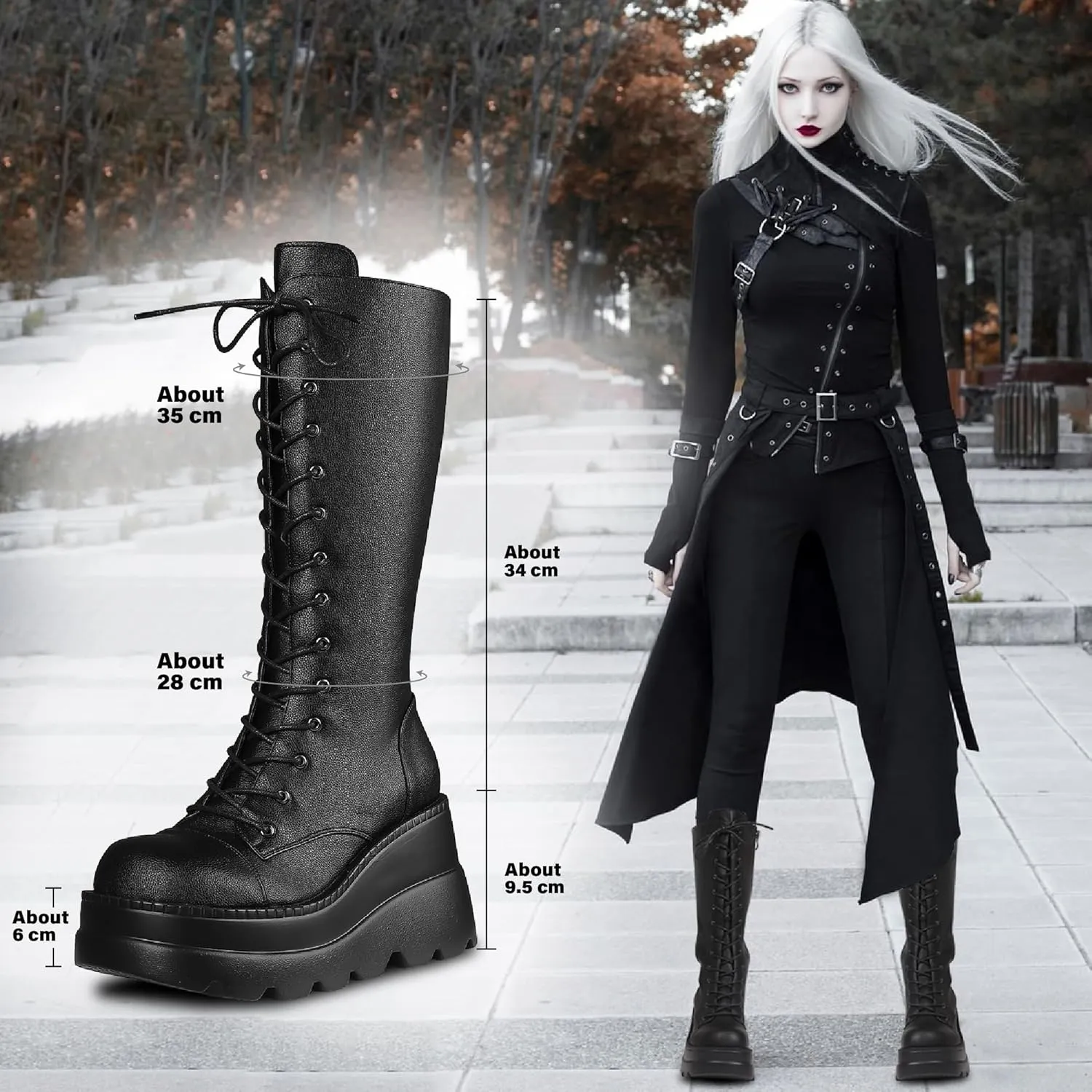 Womens Platform Mid Calf Boots for Women Goth Punk Combat Wedges Chunky High Heel booties with Lace up Round-Toe Side Zip