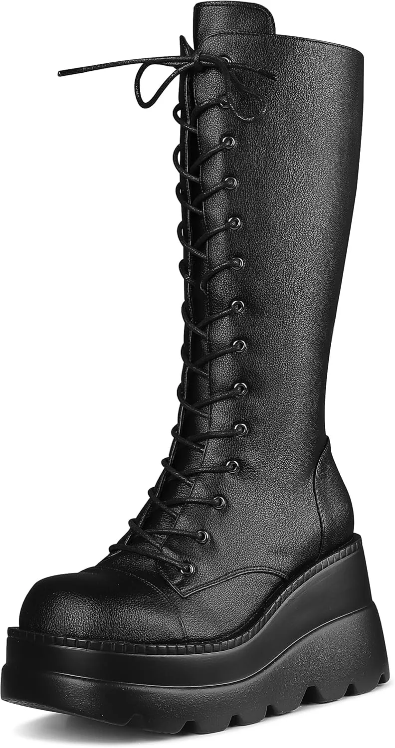 Womens Platform Mid Calf Boots for Women Goth Punk Combat Wedges Chunky High Heel booties with Lace up Round-Toe Side Zip