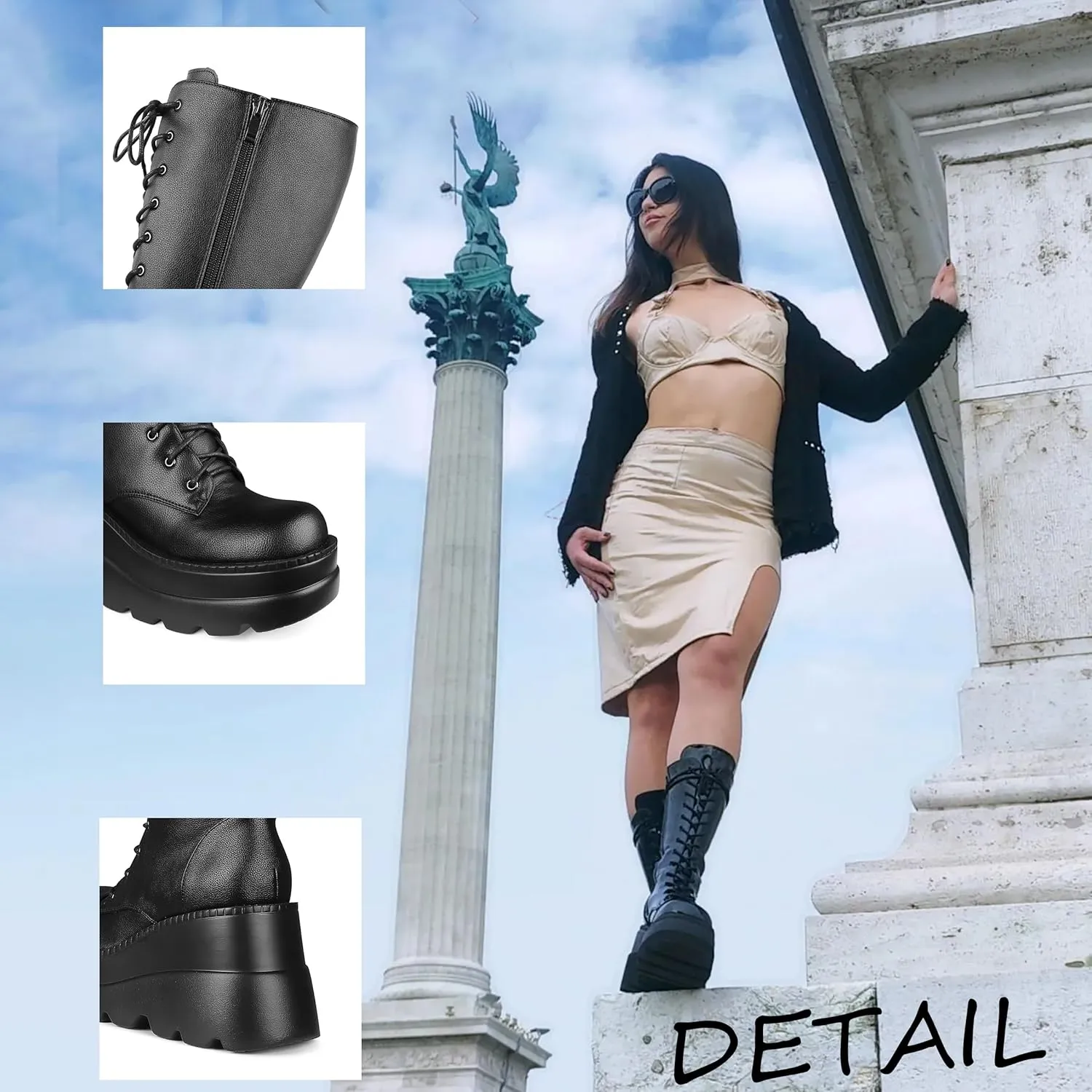 Womens Platform Mid Calf Boots for Women Goth Punk Combat Wedges Chunky High Heel booties with Lace up Round-Toe Side Zip