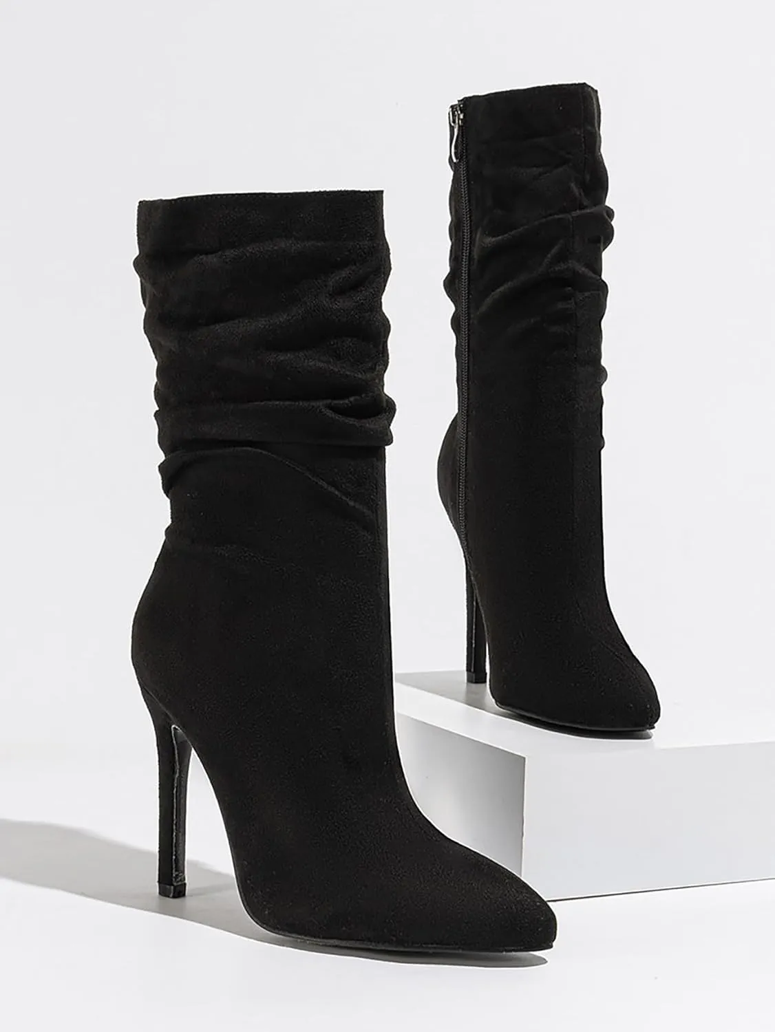 Women'S Pointed Toe Stiletto Heels Casual Mid-Calf Boots With Side Zipper,Soft Suede Slouchy Pleated High Heel Short Boots,Sexy Party Dress Boots