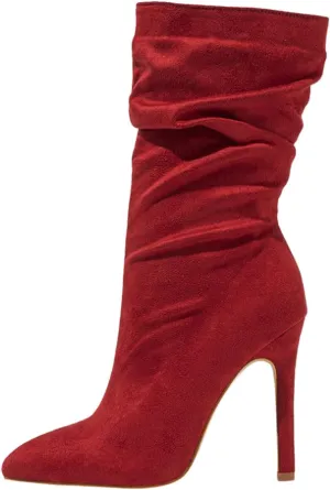 Women'S Pointed Toe Stiletto Heels Casual Mid-Calf Boots With Side Zipper,Soft Suede Slouchy Pleated High Heel Short Boots,Sexy Party Dress Boots
